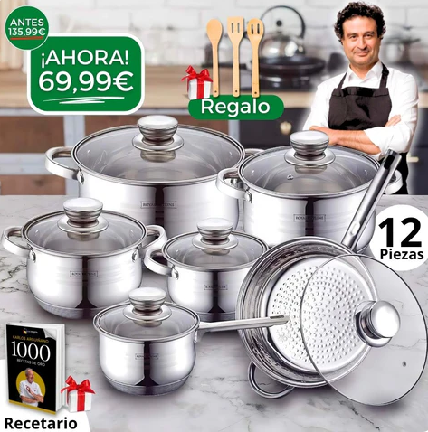 Pack Completo de Ollas 12 piezas + 3 Utensilios + Recetario de 1.000 recetas